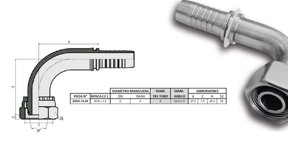 Imagen de HEMBRA CURVO 90° M14 X 1,5-06 04 1/4'' DKO